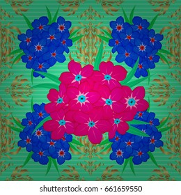 Seamless floral pattern in cute primrose flowers on a green background. Vector illustration.