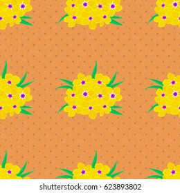 Seamless floral pattern in cute primula flowers on a brown background. Vector illustration.