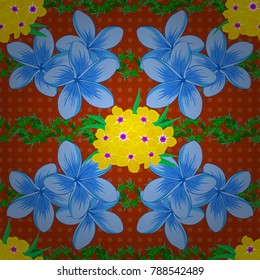 Seamless floral pattern in cute primula flowers in green, blue and orange colors. Vector illustration.