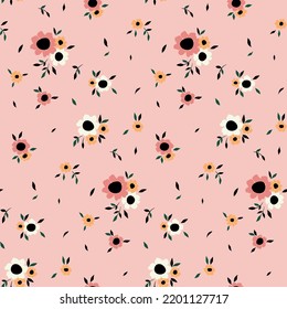 
Seamless floral pattern, cute floral print with small hand drawn plants on a pink surface. Romantic botanical background design with abstract composition of tiny flowers, bouquets, leaves. Vector.
