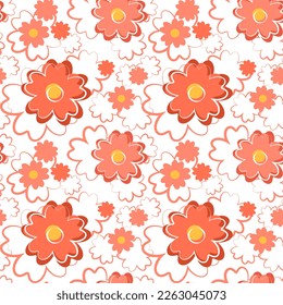 Seamless floral pattern with cute red flowers on white background. Vector illustration in flat style. Design for fabric, wrapping paper, background, wallpaper, kids fashion.
