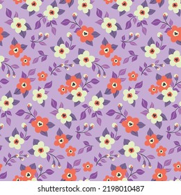 Seamless floral pattern, cute retro style ditsy print with flowers meadow. Botanical background design with small drawing plants, flowers, leaves in an abstract composition on a purple field. Vector.