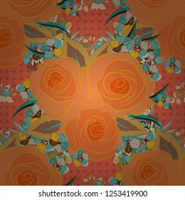 Seamless floral pattern in cute rose flowers and leaves in orange, yellow and blue colors. Vector illustration.
