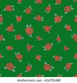 Seamless floral pattern in cute rose flowers and green leaves on a green background. Vector illustration.