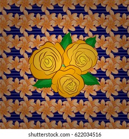 Seamless floral pattern in cute rose flowers and green leaves on a blue background. Vector illustration.