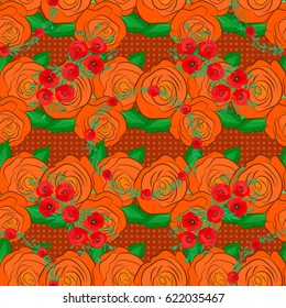 Seamless floral pattern in cute rose flowers and green leaves on a brown background. Vector illustration.