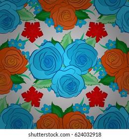 Seamless floral pattern in cute rose flowers and green leaves on a gray background. Vector illustration.