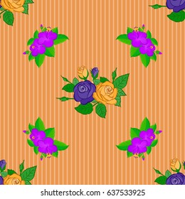 Seamless floral pattern in cute rose flowers and green leaves on a brown background. Vector illustration.