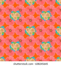 Seamless floral pattern in cute rose flowers and green leaves on a orange background. Vector illustration.