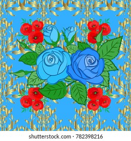 Seamless floral pattern in cute rose flowers and green leaves in neutral and blue colors. Vector illustration.