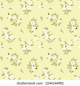 Seamless floral pattern, cute rustic style flower print in light colors. Romantic ditsy design for fabric, paper: small flowers, leaves, twigs on a delicate yellow background. Vector illustration.