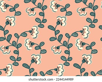 Seamless floral pattern, cute rustic style flower print in delicate colors. Romantic design for fabric, paper: decorative art plants, flowers with long stems on a pink background. Vector illustration.