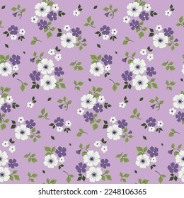 Seamless floral pattern, cute rustic style ditsy print with small flowers. Pretty liberty flower design with tiny hand drawn flowers, leaves on delicate lilac background. Vector botanical illustration
