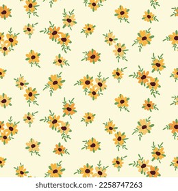 Seamless floral pattern, cute rustic motif ditsy print with mini yellow flowers on a light background. Pretty botanical design with small hand drawn plants: tiny flowers, leaves. Vector illustration.