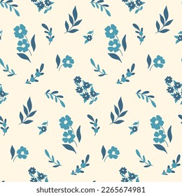 Seamless floral pattern, cute rustic ditsy print. Simple botanical design with blue hand drawn plants: small flowers, leaves, twigs on a white background. Vector illustration.