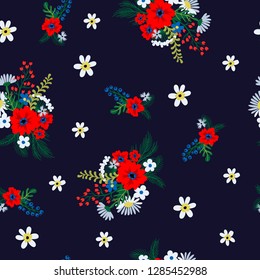 Seamless floral pattern with cute small ditsy flowers. 