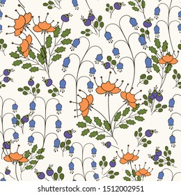 Seamless floral pattern of cute small flowers. Texture on white background for fashion print. Romantic decorative elements. Vector illustration.