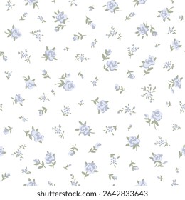 Padrão floral sem costura de flores pequenas rosas azuis bonitas pequenas com folhas verdes sobre fundo branco, estilo de desenho ditsy vintage simples. Ilustração de millefleurs vetorial para têxtil, impressão de tecido, design