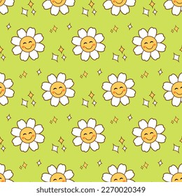 Seamless floral pattern with cute smiling chamomile flowers on light green background. Vector illustration in cartoon style. Design for fabric, wrapping paper, background, wallpaper, kids fashion.
