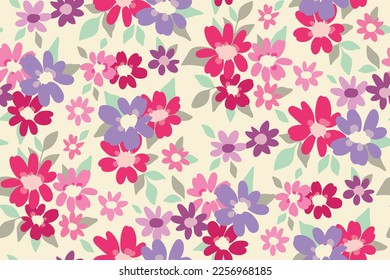 Seamless floral pattern, cute spring ditsy print with small daisies. Pretty botanical design with tiny hand drawn plants: small colorful flowers, leaves on white background. Vector illustration.