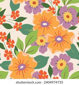 Seamless floral pattern, cute summer ditsy print with hand drawn flowers. Pretty botanical design with simple blooming meadow, large daisy flowers, leaves, bouquet. Colorful vector flower pattern.