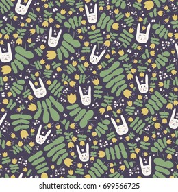 Seamless floral pattern with cute white rabbits and forest flowers. Colorful childish background in vector. Ornament can be used for textile design, wallpapers and wrapping paper 