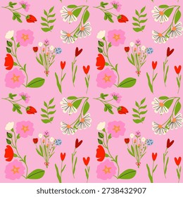 Seamless Floral Pattern with Cute Wildflowers on Pink Background