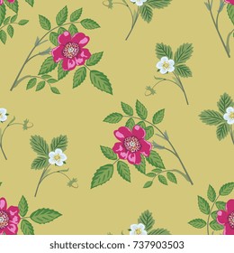 Seamless floral pattern with cute wood flowers on golden background. Folk vintage style. Wild rose bough. Strawberry plant.