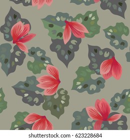 seamless floral pattern with cyclamen flowers and leaves on pale green background 