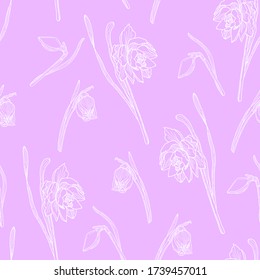 Seamless floral pattern with daffodils flowers. White elements on a light background. Great for wallpaper, wrapping paper, packaging, background.