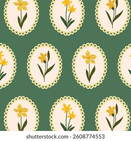 Seamless floral pattern with daffodils flowers in a round frame on green background. Coquette pattern with hand-drawn summer flowers. Perfect for fabric design, wallpapers, stationery, wrapping paper.