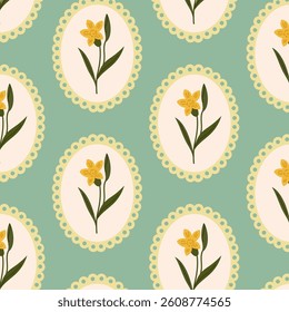 Seamless floral pattern with daffodils flowers in a round frame on green background. Coquette pattern with hand-drawn summer flowers. Perfect for fabric design, wallpapers, stationery, wrapping paper.