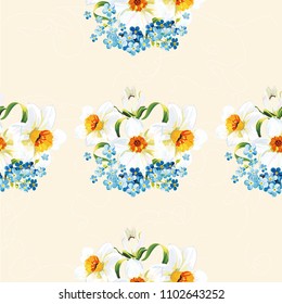 Seamless floral pattern with daffodils and forget-me-nots