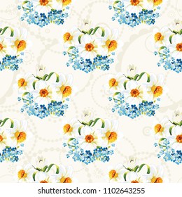 Seamless floral pattern with daffodils and forget-me-nots