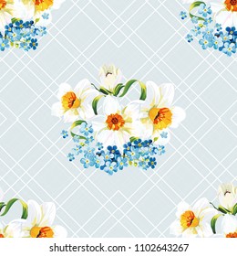 Seamless floral pattern with daffodils and forget-me-nots