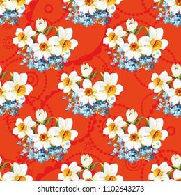 Seamless floral pattern with daffodils and forget-me-nots