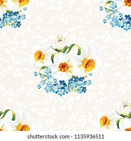 Seamless floral pattern with daffodils and forget-me-nots