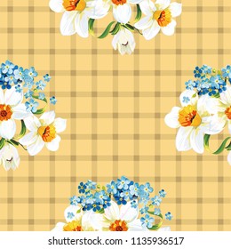 Seamless floral pattern with daffodils and forget-me-nots