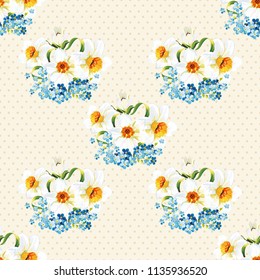 Seamless floral pattern with daffodils and forget-me-nots