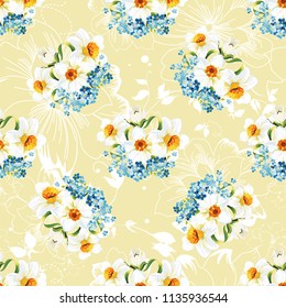 Seamless floral pattern with daffodils and forget-me-nots