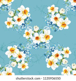 Seamless floral pattern with daffodils and forget-me-nots