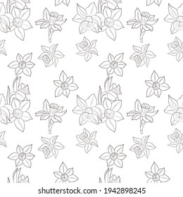Patrón floral sin foco con daffodils sobre un fondo blanco. Ilustración para colorear libros, textiles, tejidos, papel pintado