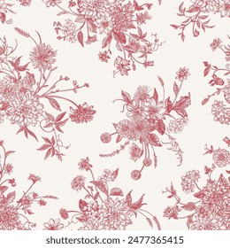 Seamless floral pattern with dahlias and other plants. Vector botanical illustration. Red color. Vintage style.