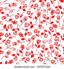 Seamless floral pattern of dainty blooming flowers of red summer roses on white background. May be use as textile print or interior accessories design