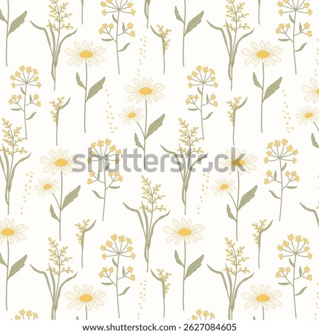 Seamless floral pattern with dainty chamomile and yellow wildflowers. Soft eco-friendly look for textile, packaging, paper goods, stationery, and backgrounds.