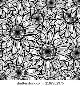 Patrón floral sin foco con margaritas. Lineal blanco y negro. Para el diseño de fondos, tapices, tela, papel de envoltura, etc. Vector