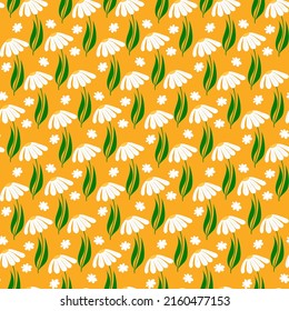 Seamless floral pattern of daisies on a yellow background. Design for textiles, clothes, wallpapers, backgrounds, postcards, wrapping paper. Vector illustration