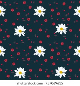 Seamless floral pattern with daisies and poppies  isolated on dark green background.