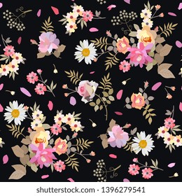 Seamless floral pattern with daisies, roses, cactus and umbrella flowers, petals and leaves on black background. Summer print for fabric. 