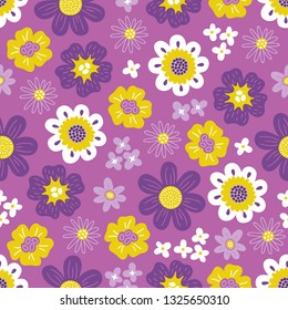 Seamless floral pattern with daisy, lilac and colorful flowers on violet background. Perfect for wallpaper, gift paper, spring and summer greeting cards 